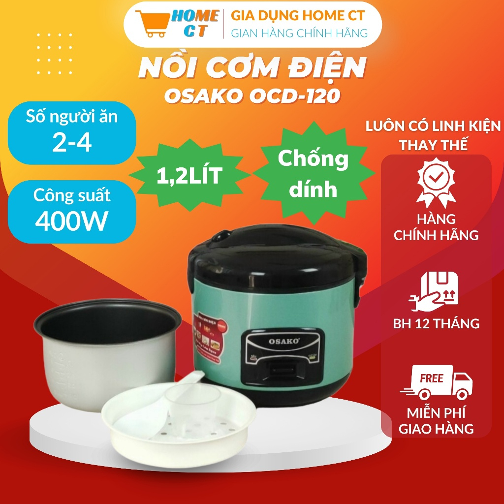 Nồi cơm điện mini 1.2L Osako OCD-120 lòng nồi chống dính, có xửng hấp - Bảo hành 12 tháng - HOME CT