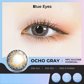 Kính áp tròng Ocho Gray Blue Eyes, dòng lens thở sử dụng sáu tháng, giãn tròng vừa, màu xám tây vân nâu cam OCH-GR
