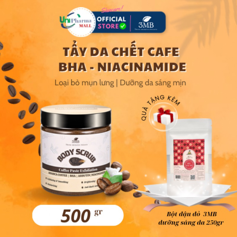 Tẩy da chết Cafe 3MB - Body Scrub, dưỡng sáng, loại bỏ mụn cơ thể, đều màu da 500g