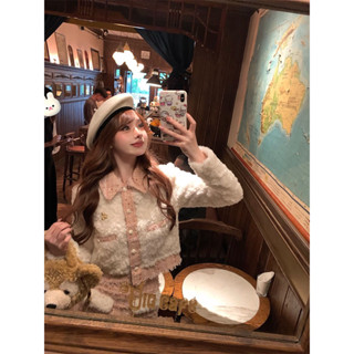 [ SẴN ]Set 2 món áo + chân váy chữ A dạ tweed may lông cừu màu hồng baby tiểu thu phong cách Hàn Quốc