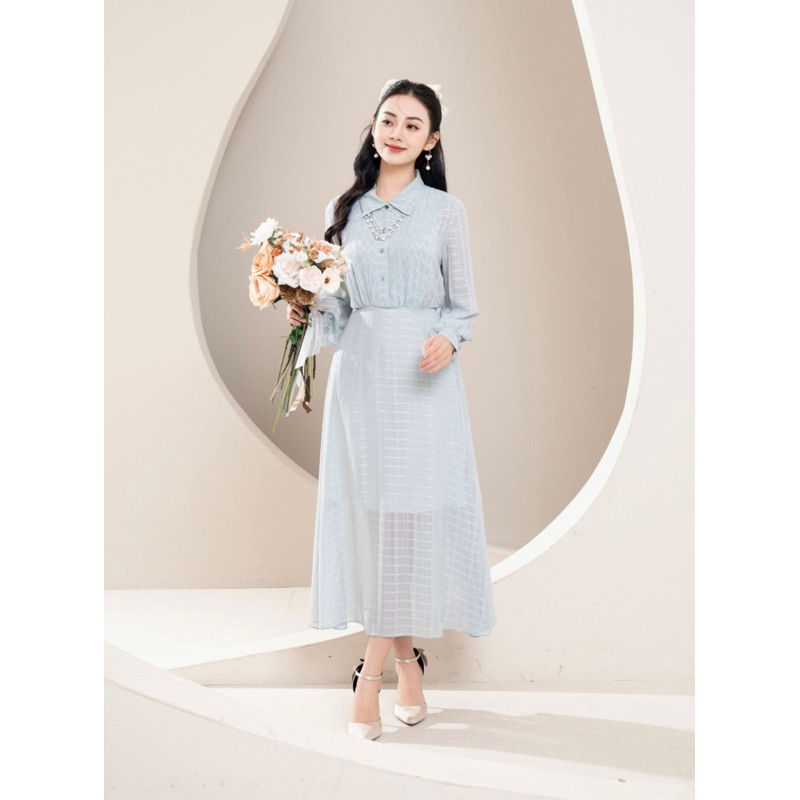 Đầm hãng Elise voan xanh kẻ xếp ly ngực