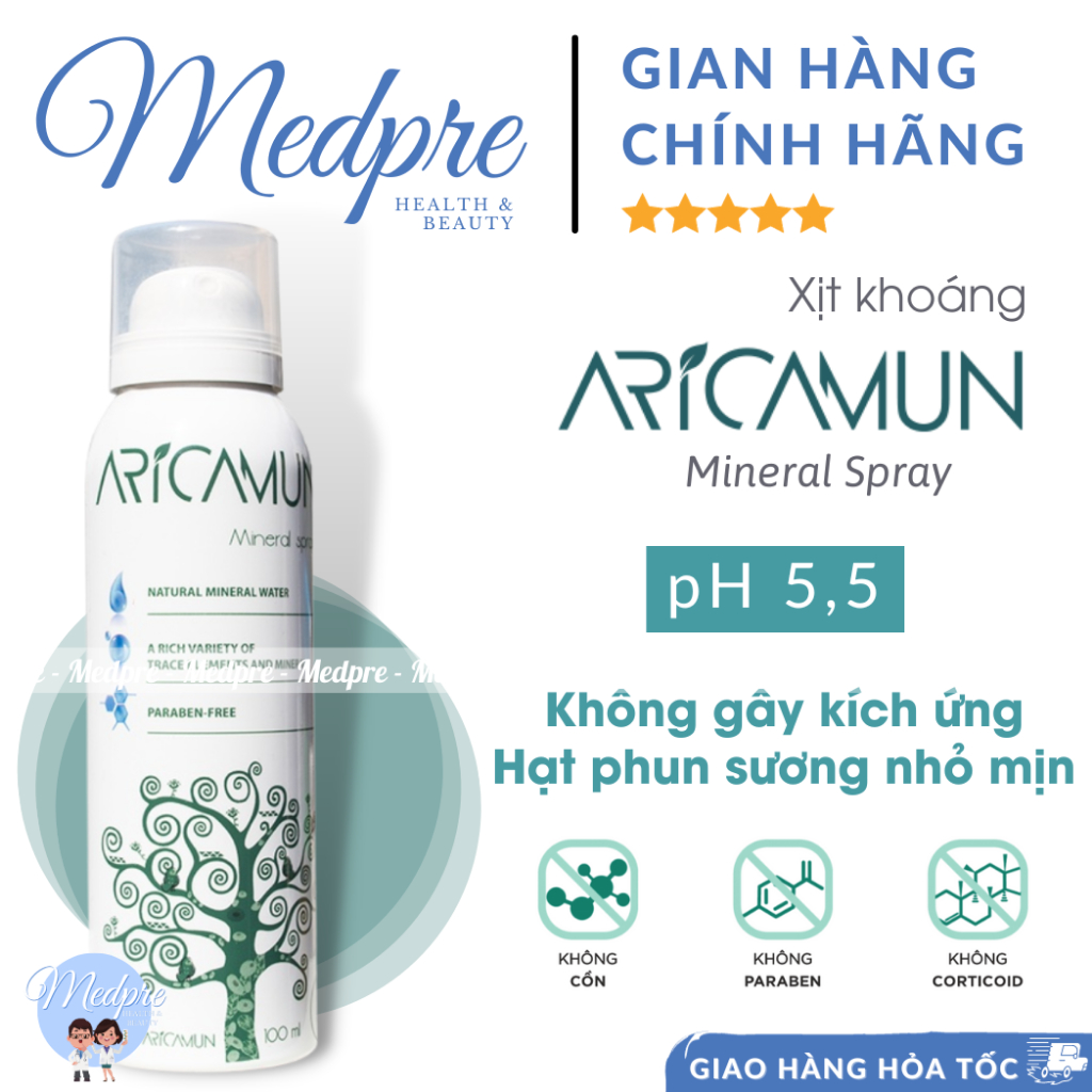 Xịt khoáng Arica/ Aricamun 100ml - Dược mỹ phẩm - Mọi loại da - Kiểm soát nhờn mụn, cấp ẩm tốt cho da - Nhẹ dịu, an toàn