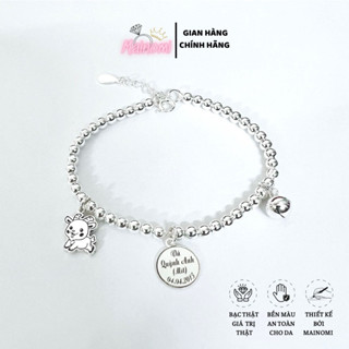 Vòng tay bạc MAINOMI bi thẻ khắc tên cho bé theo yêu cầu tặng chuông + charm