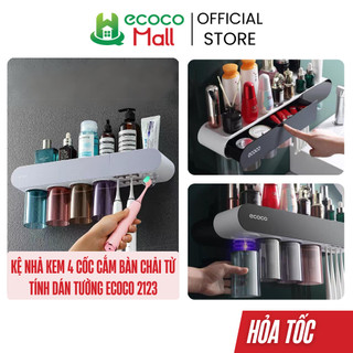 Kệ nhả kem 4 cốc ECOCO, cắm bàn chải, kệ để đồ có ngăn kéo từ tính không khoan tường mẫu mới 2022 |Kệ nhà tắm thông minh
