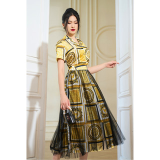 Áo somi lụa họa tiết baroque vàng đen