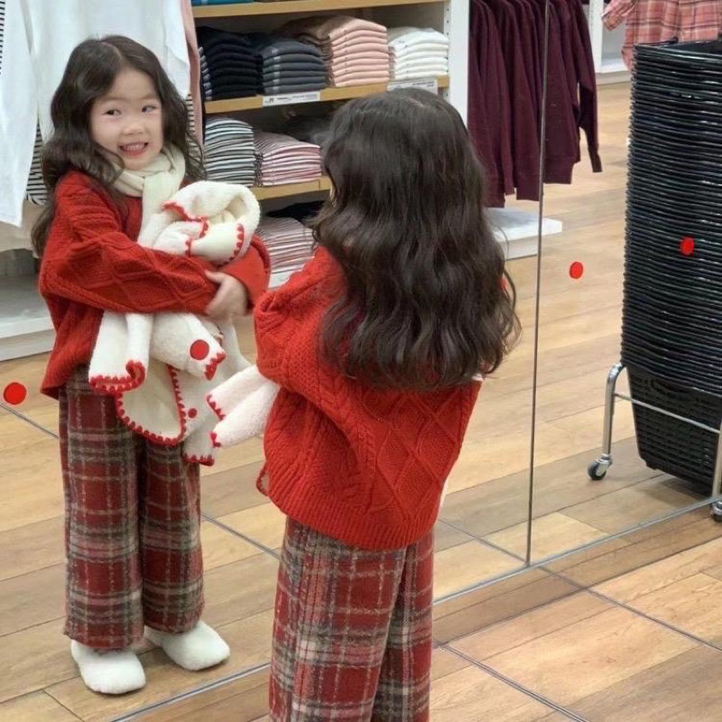 Quần áo thu đông bé gái, set áo len đỏ dáng thụng kèm quần dạ kẻ suông cho bé 10-30kg