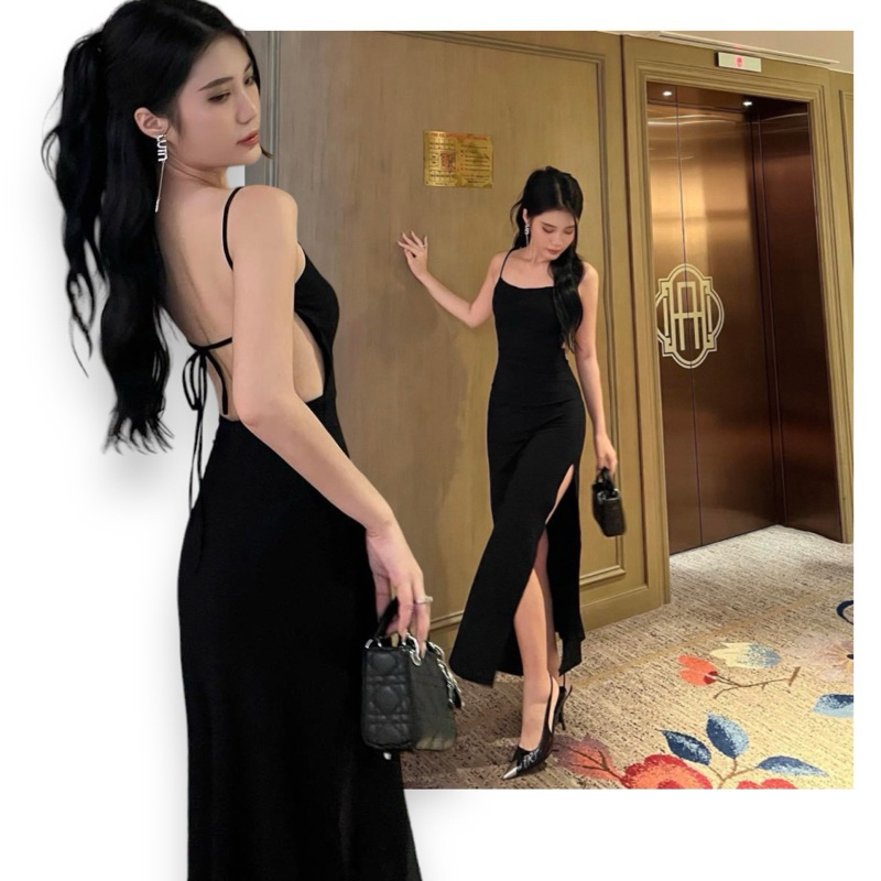 Đầm thun 2 dây xẻ tà cột nơ sau hở lưng ( Quận Tân Phú, hoả tốc hcm )