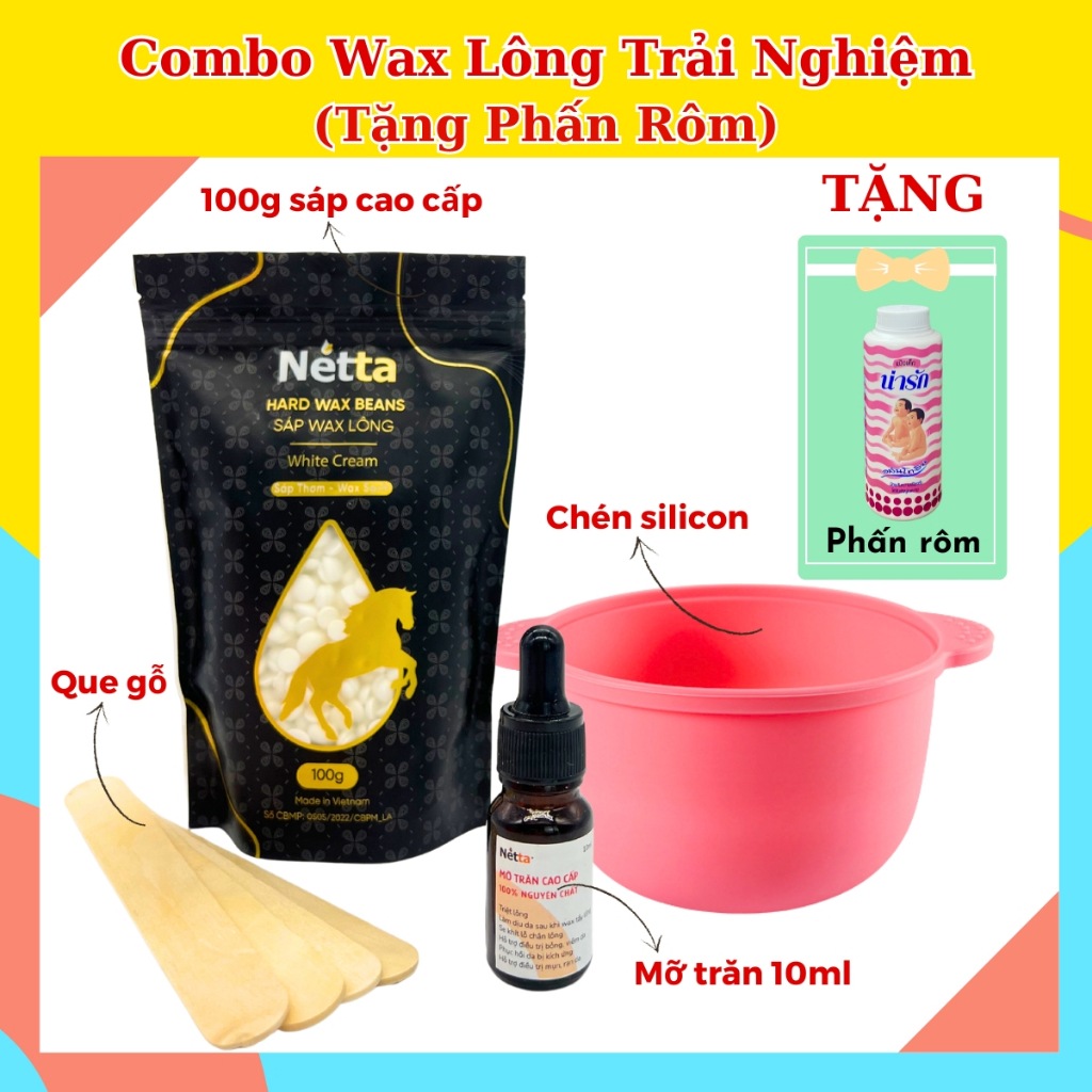 Combo Wax Lông Trải Nghiệm (100g sáp dừa, 10ml mỡ trăn, 1 chén silicon, 5 que gỗ)-Wax nách, wax râu