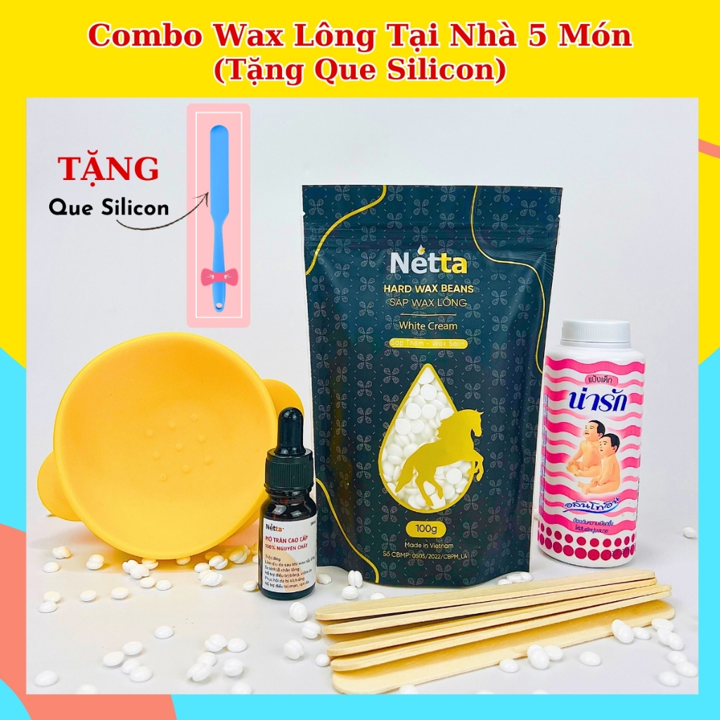 Combo wax lông tại nhà 5 món (100g sáp, 10ml mỡ trăn, chén silicone chống dính, 5 que gỗ, phấn rôm)