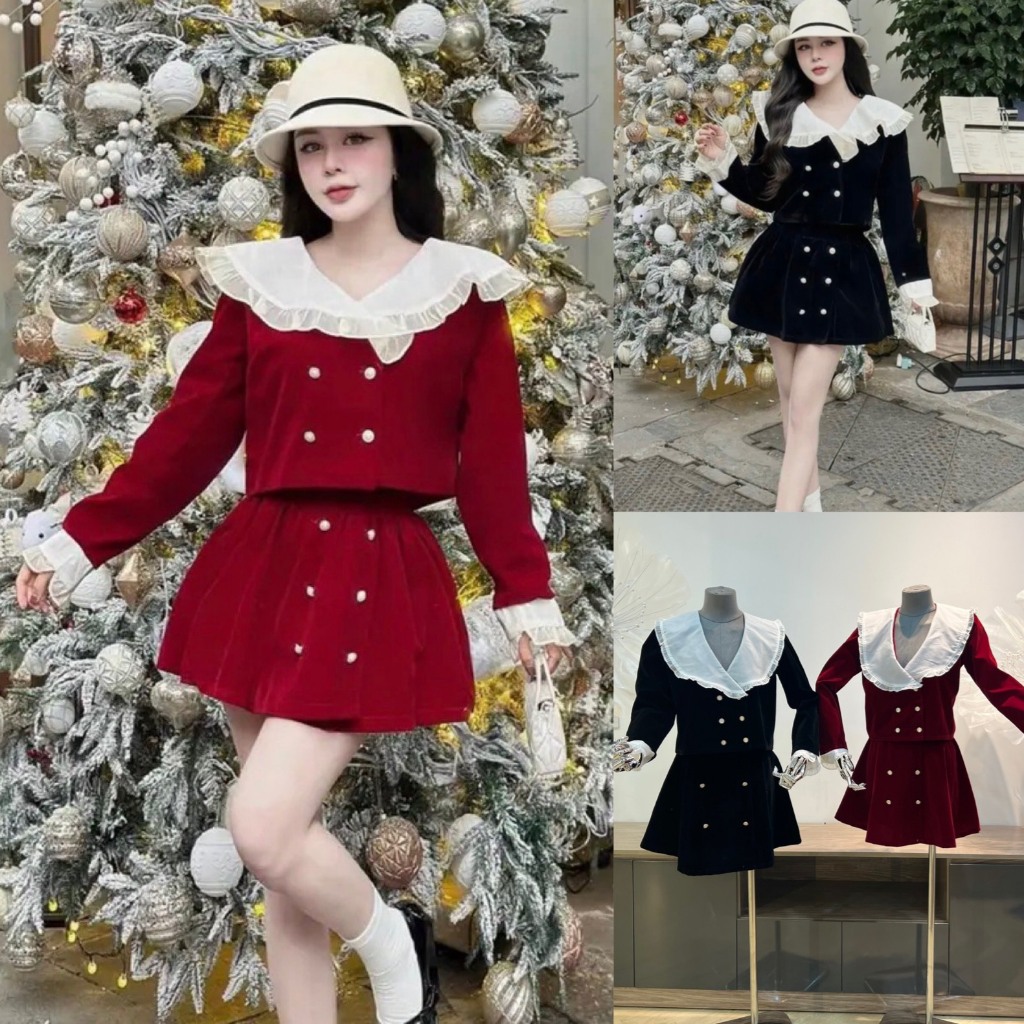 Sét bộ áo nhung croptop cổ bèo tay dài kèm chân váy xếp ly sét bộ đi chơi tiểu Bigsize Kim Ngân từ 50kg đến 100kg SBX1