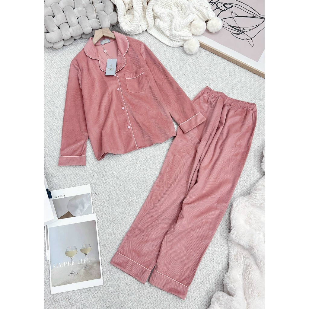 Bộ Đồ ngủ nhung tăm pijama Sam nữ cao cấp, họa tiết trơn sang chảnh trẻ trung tinh tế, kiểu dài tay quần dài cổ sen