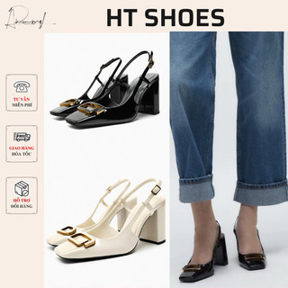Giày sandal cao gót Z mũi vuông đính hoạ tiết kim loại hở gót đế trụ cao 9cm phong cách retro Pháp hack dáng hot #7773