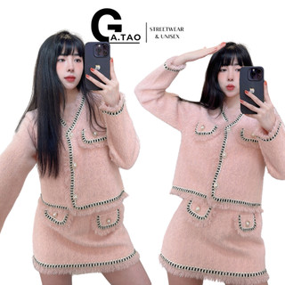 Áo khoác tweed, set tweed kèm chân váy lông thỏ phối cúc ngọc sang trọng