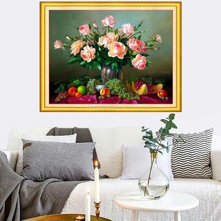 Tranh đính đá-Tranh thêu chữ thập Bình hoa hồng