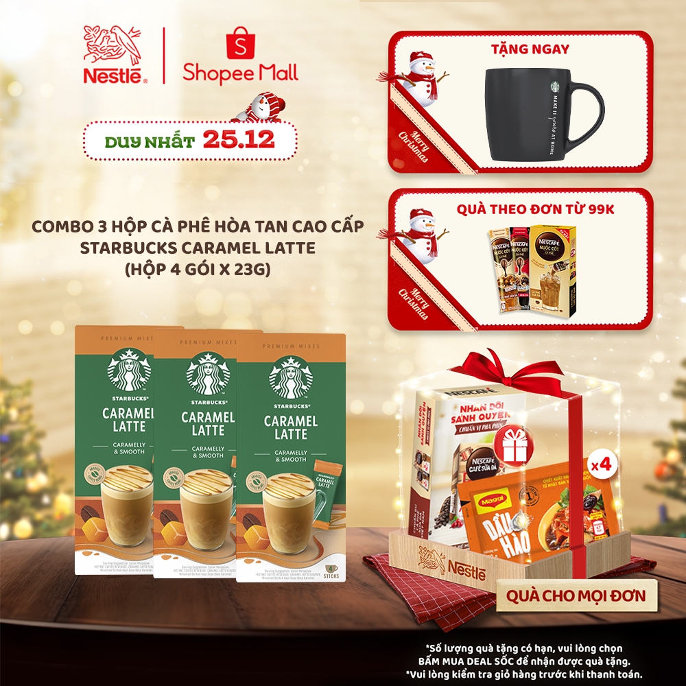 [Tặng Ly Sứ STARBUCKS - Trắng/Đen] Combo 3 Hộp Cà phê hòa tan cao cấp Starbucks® Caramel Latte (Hộp 4 gói x 23g)