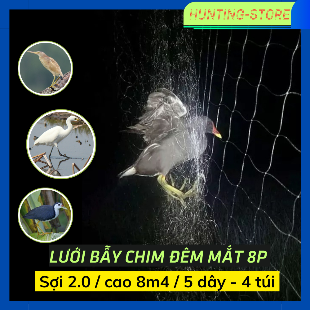 60m lưới bẫy chim đêm cúm núm quốc mắt 8 phân cao 8m4 có 5 dây 4 túi s