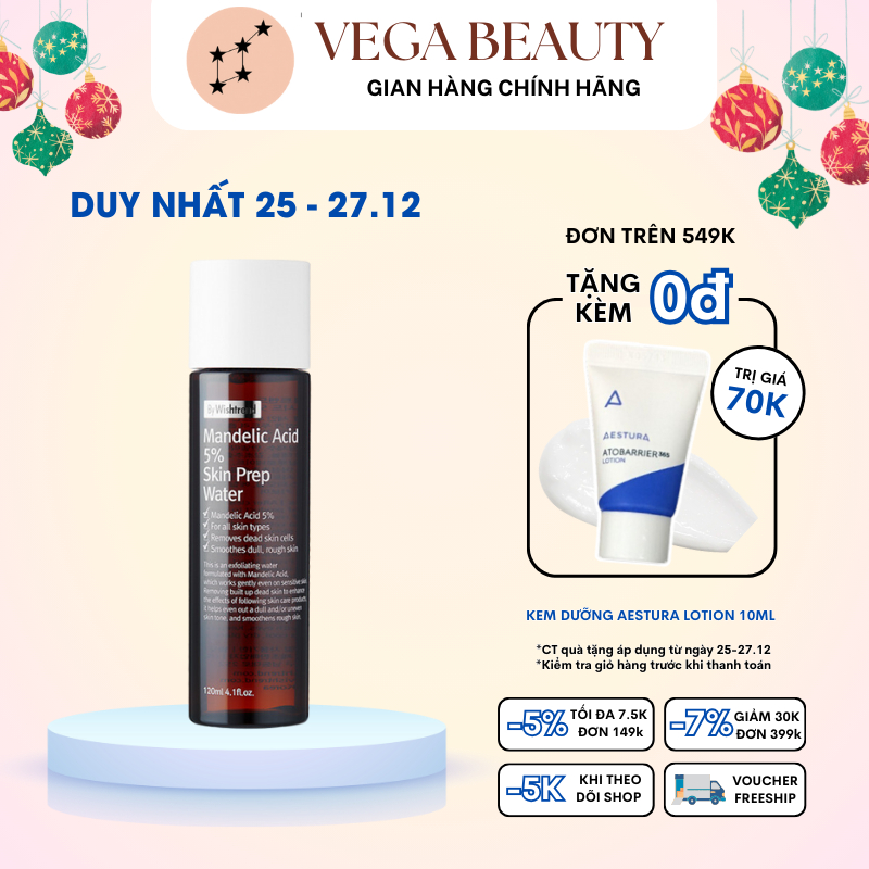 [Tem phụ] Tẩy da chết dịu nhẹ By Wishtrend Mandelic Acid 5% Skin Prep Water 120ml giúp mịn da, mờ thâm