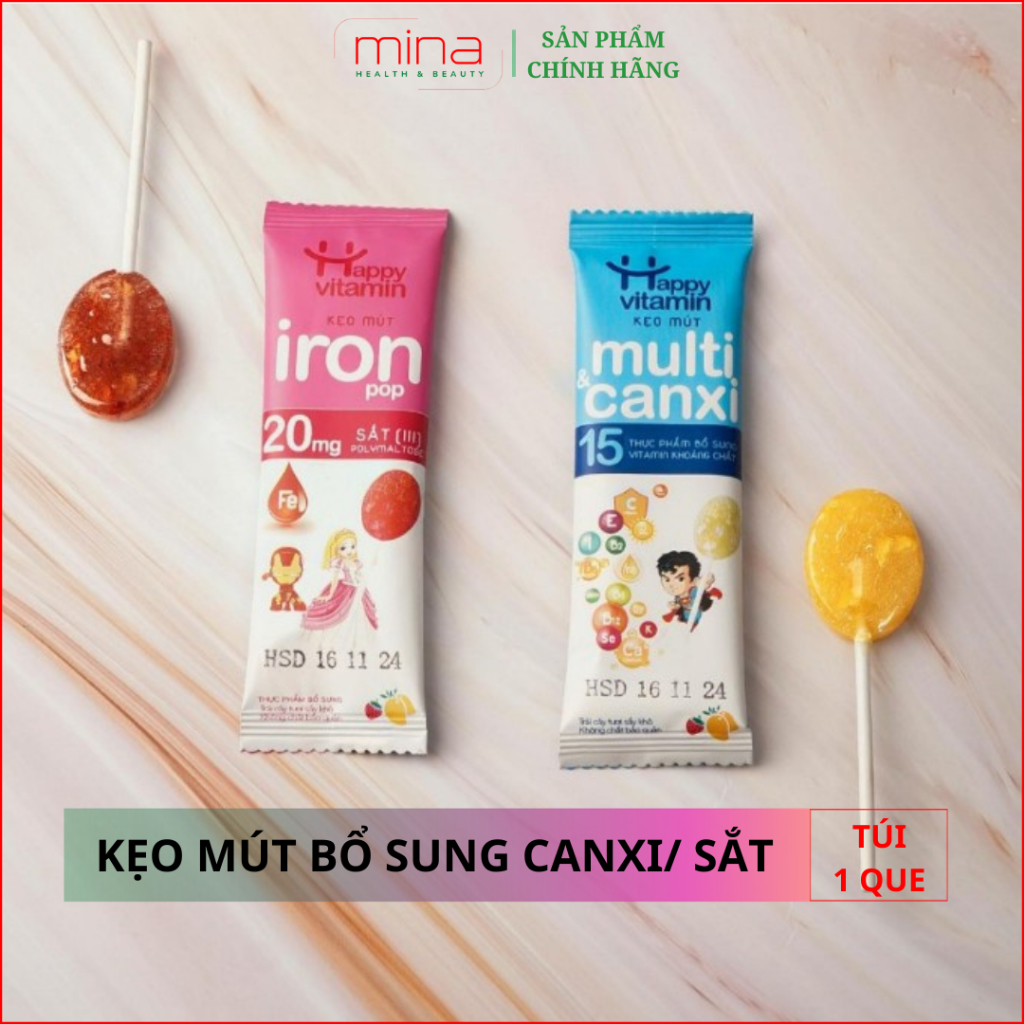 Kẹo Mút HAPPY VITAMIN Bổ Sung CANXI/ SẮT và các vi chất cho bé - Hỗ trợ phát triển chiều cao, Tăng sức đề kháng...