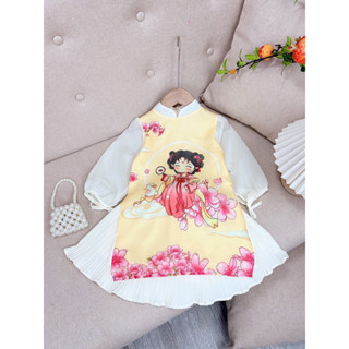 Set áo dài cách tân cô gái Trung Hoa kèm cv xếp ly cho bé gái mặc tết