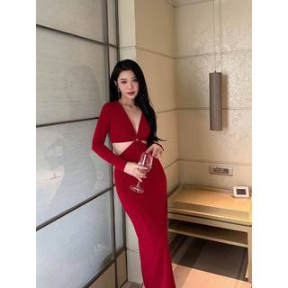 [HÀNG THIẾT KẾ CAO CẤP] Đầm Body Tay Dài Cut Out Eo Tôn Dáng Đi Tiệc Sang Trọng Màu Đỏ Form Dài