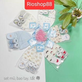 Set Nón, bao tay chân vải cotton len đáng yêu cho bé, bao tay bao chân nón sơ sinh cotton cho bé