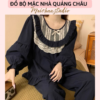 Đồ bộ - đồ ngủ tiểu thư dài tay cổ tròn phối bèo ren nơ công chúa ulzzang