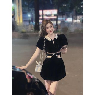 đầm nhung bèo cổ cột dây eo khoét đá