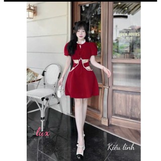 Đầm nhung bèo cổ cột dây eo khoét đá