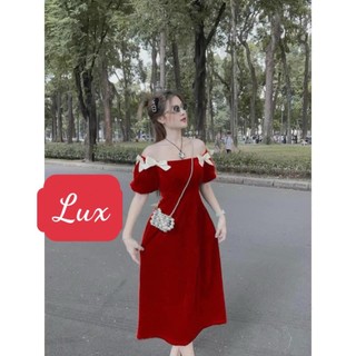 đầm nhung xòe đính nơ tay phồng có mút
