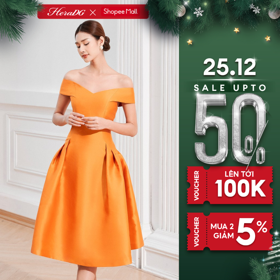 Đầm dự tiệc dáng xòe HeraDG thiết kế phần vai trễ, thân xếp ly phồng sang trọng, quyến rũ WDPBB2009