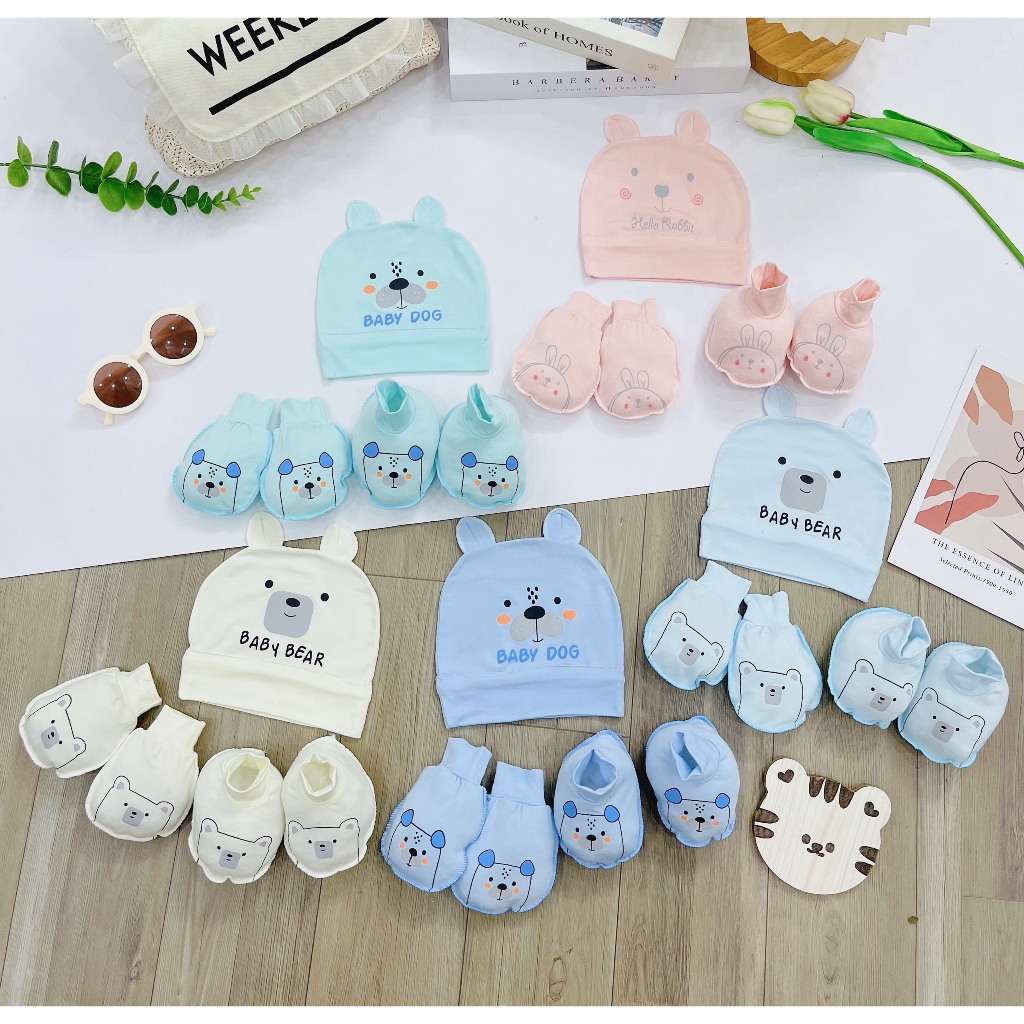 Set Mũ Bao Tay Bao Chân Sơ Sinh Chất Cotton Thun Lạnh Mềm Mại Cho Bé Trai, Bé Gái Sơ Sinh Từ 0-3 Tháng