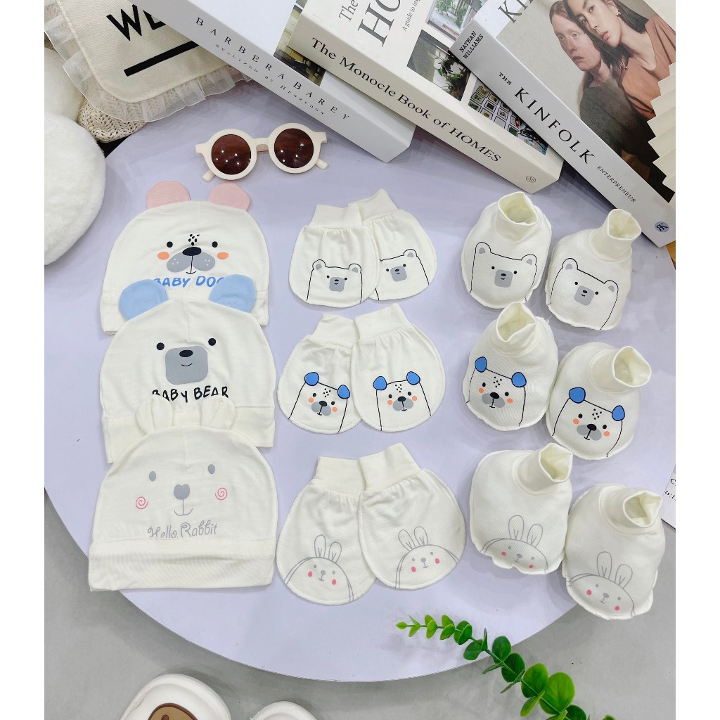 Set Mũ Bao Tay Bao Chân Sơ Sinh Chất Cotton Thun Lạnh Mềm Mại Cho Bé Trai, Bé Gái Sơ Sinh Từ 0-3 Tháng
