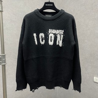  Áo sweater len nam nữ Dsq len dệt sọc gân in chữ ICON vảy sơn loang wash rách ống dày dặn boy phố AN64P 