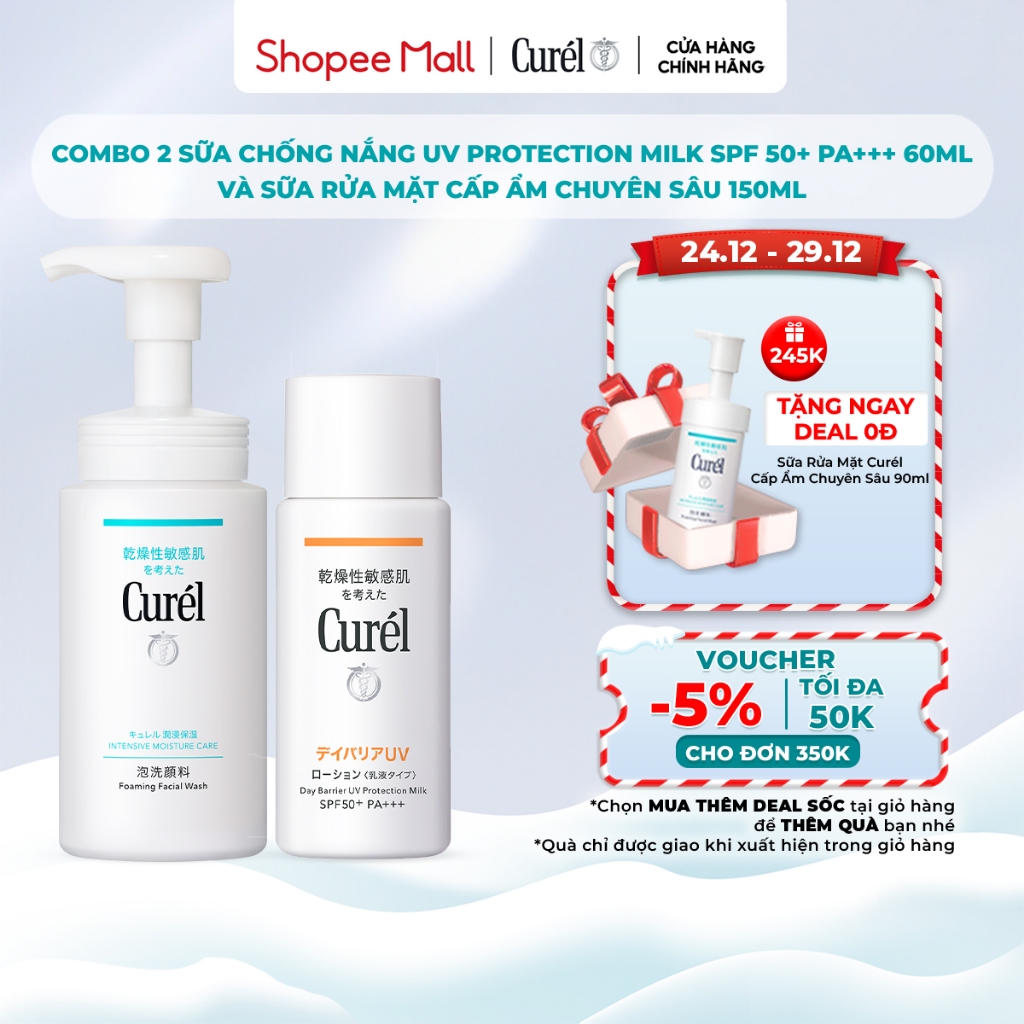 Combo Curél Sữa chống nắng UV Protection Milk SPF 50+ PA+++ 60ml và Sữa rửa mặt dạng bọt cấp ẩm chuyên sâu 150ml