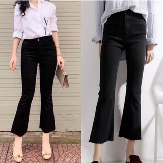 Quần jean ống loe cạp cao màu đen trơn vải jean giấy co giãn T80D