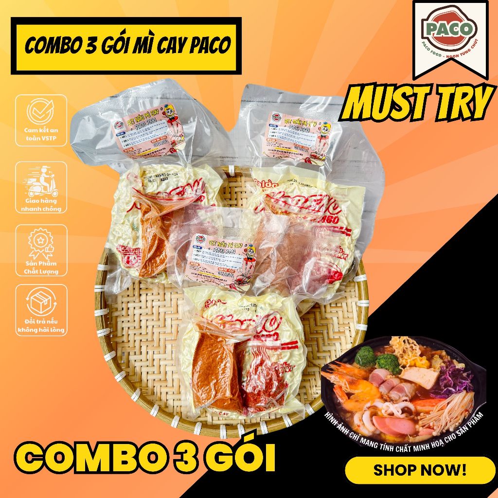 MỚI COMBO 3 GÓI MÌ CAY KÈM GÓI SÚP GIA VỊ ĐỘC QUYỀN CHUẨN VỊ TẠI NHÀ PACO FOOD
