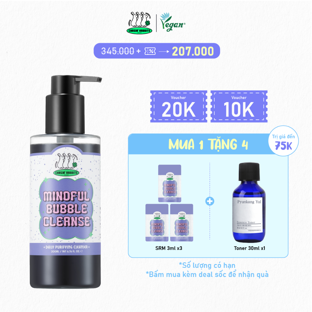 Chasin' Rabbits Sữa rửa mặt sạch sâu dịu nhẹ dành cho mọi loại da Mindful Bubble Cleanse 200ml