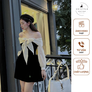 Váy nhung đỏ trễ vai nơ ngực phối tay sang chảnh,đầm nhung cổ nơ trễ vai xinh xắn