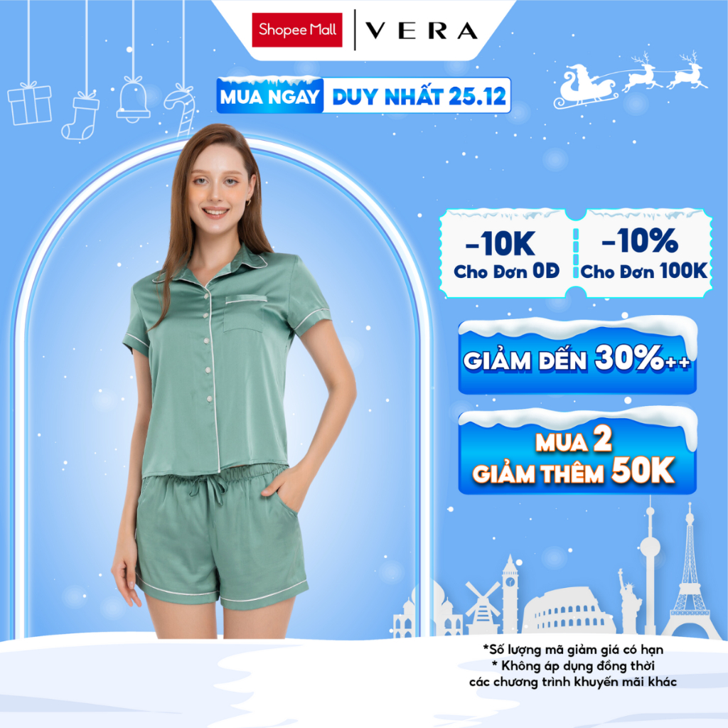 Bộ Pijama ngắn VERA Satin trơn trẻ trung, năng động, mịn mát - V0587