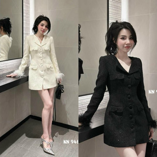 Váy Dạ Tweed Cao Cấp Thiết Kế Phối Lông Vũ Phong Cách Hàn Quốc