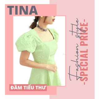 Đầm tiểu thư tay phồng nơ vai cổ vuông xinh, vải có họa tiết nổi, xốp, Váy xòe cổ vuông hai màu xanh cốm, xanh ngọc xinh