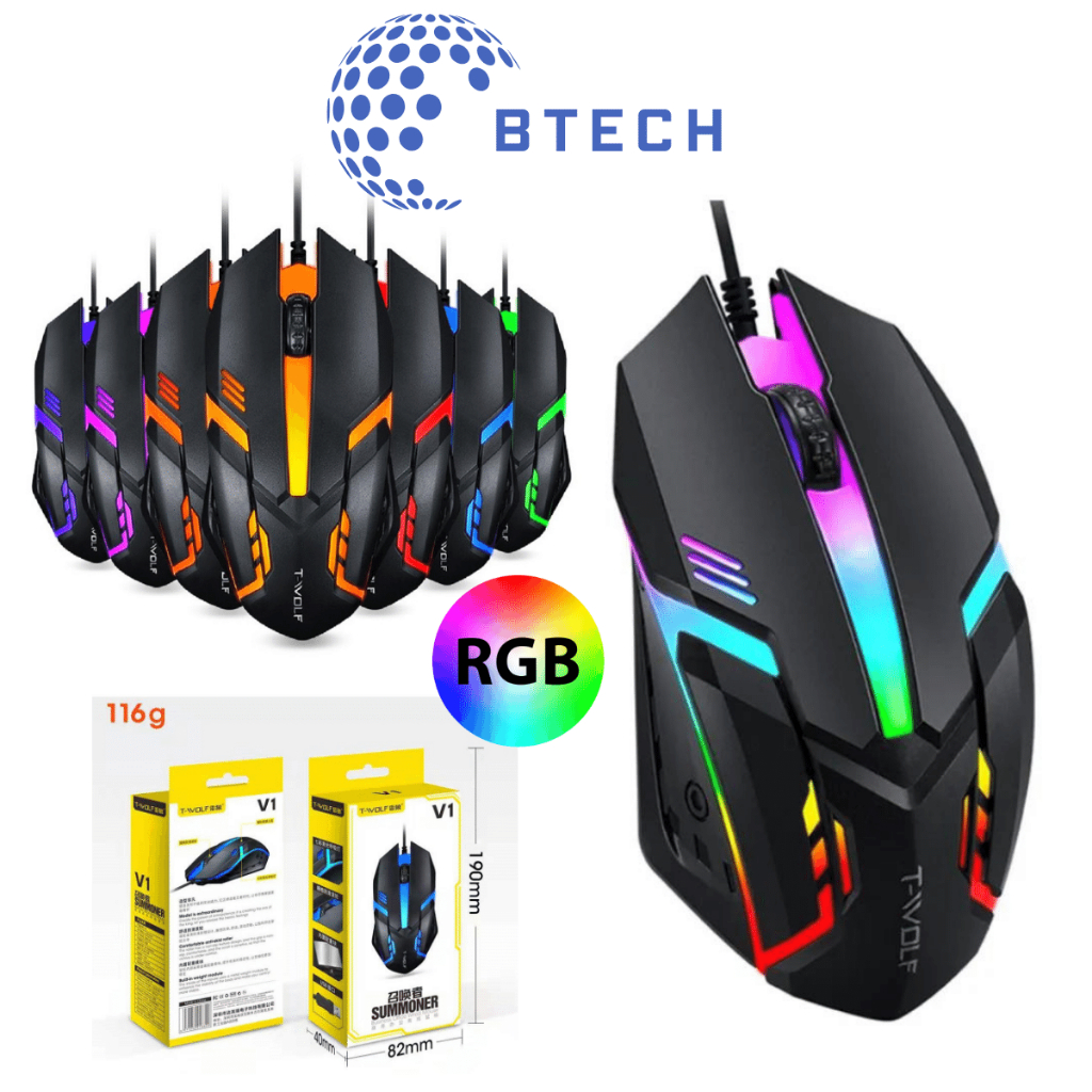 Chuột có dây máy tính chơi game giá rẻ T WOLF V1 LED RGB dùng cho văn phòng và gaming cực tốt
