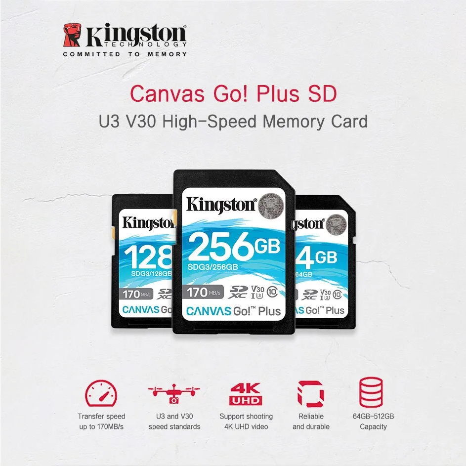 Kingston Canvas Go! Plus SD Card 170MB/s 64GB 128GB 256GB Thẻ nhớ SD card cho máy quay camera máy ảnh U3 V30 A2