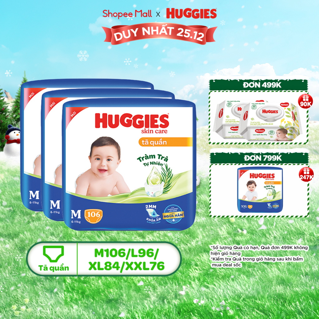 Combo 3 gói Tã quần Huggies Skincare Mega Jumbo M106/L96/XL84/XXL76