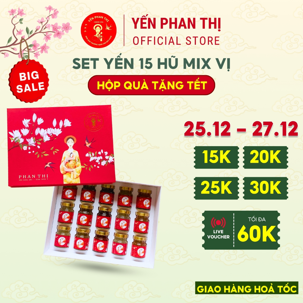 Set Quà Tặng, Hộp Quà Cao Cấp 15 Hũ Yến Phan Thị, Yến Sào Khánh Hoà, 25% Yến Tươi Nguyên Chất