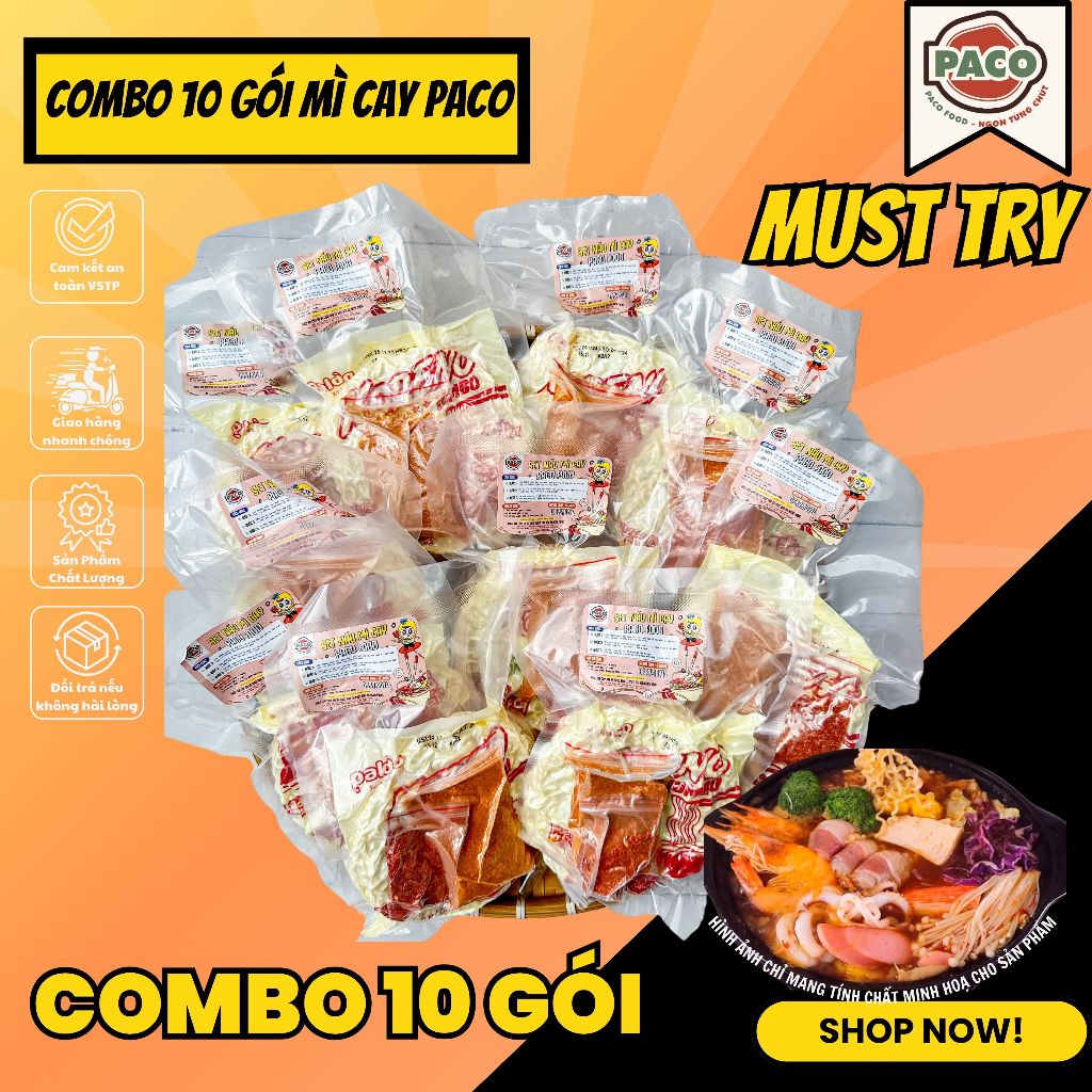 COMBO TIỆN LỢI 10 GÓI MÌ CAY KÈM GÓI SÚP GIA VỊ ĐỘC QUYỀN CHUẨN VỊ TẠI NHÀ PACO FOOD