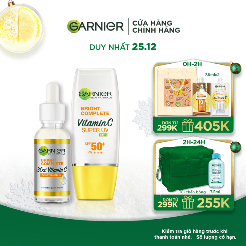 Set 2 bước dưỡng sáng, đều màu da và bảo vệ da ban ngày Garnier Bright Complete Vitamin C