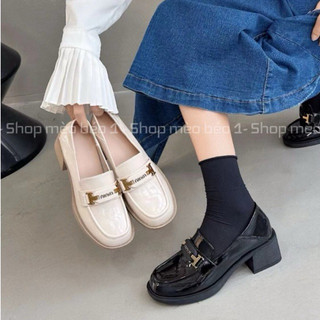 Giày moca miu đai chữ ngang tag đồng da bóng gót vuông fullbox hàng quảng châu cao cấp