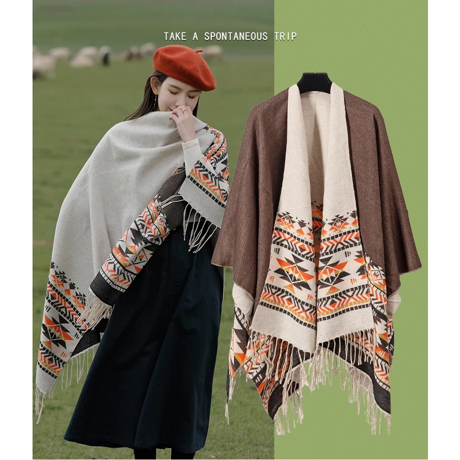 Khăn áo choàng boho thổ cẩm nữ mùa thu đông áo choàng len dạ dày poncho khoác ngoài - Mã LE55 The Collar Box