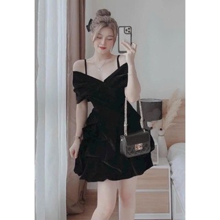Đầm thời trang nữ mặc đi chơi Tết chất liệu nhung cứng trễ vai có dây mix váy xoè phồng ngắn mini 2 màu đen đỏ.